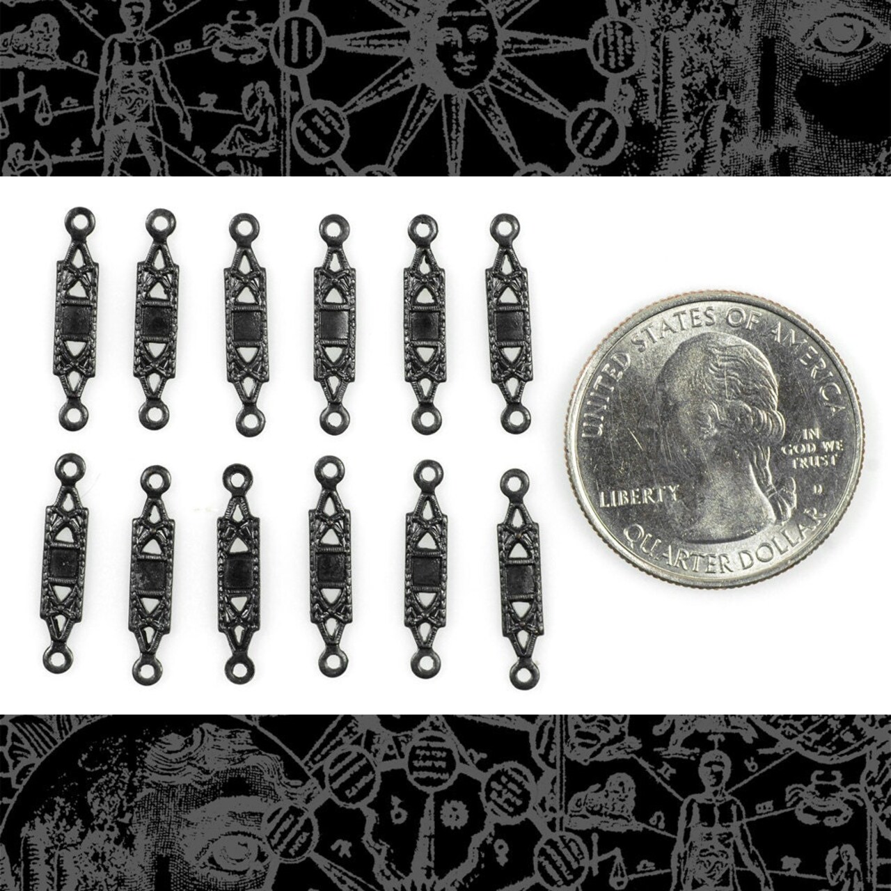 Black Plated Brass Small Bar Two Ring Connectors - Set of Twelve - BB-2C57